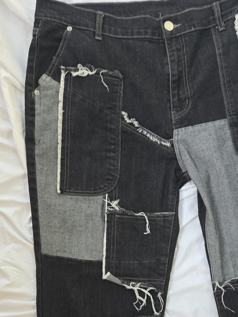 Mens Cool Black Jeans With Multi Patch Work Different Colors & Fringe Front Only - Picture 5 of 9